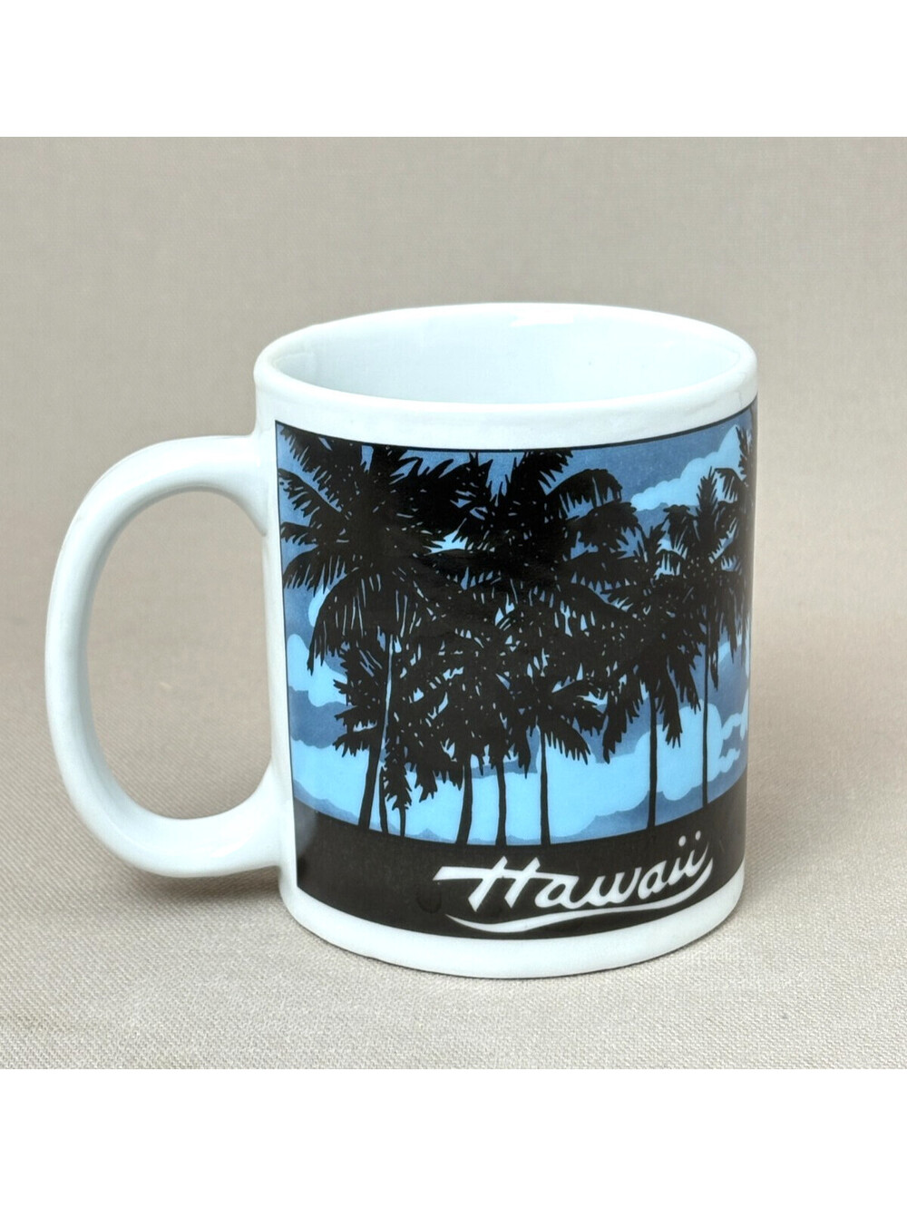 Vintage Hawaii Souvenir Coffee Mug Palm Trees Tropical Island Ceramic Blue Cup